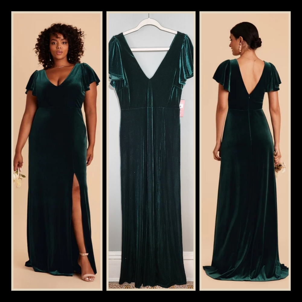 BIRDY GREY Hannah Velvet Dress | size L | Emerald Green | Flutter Sleeve